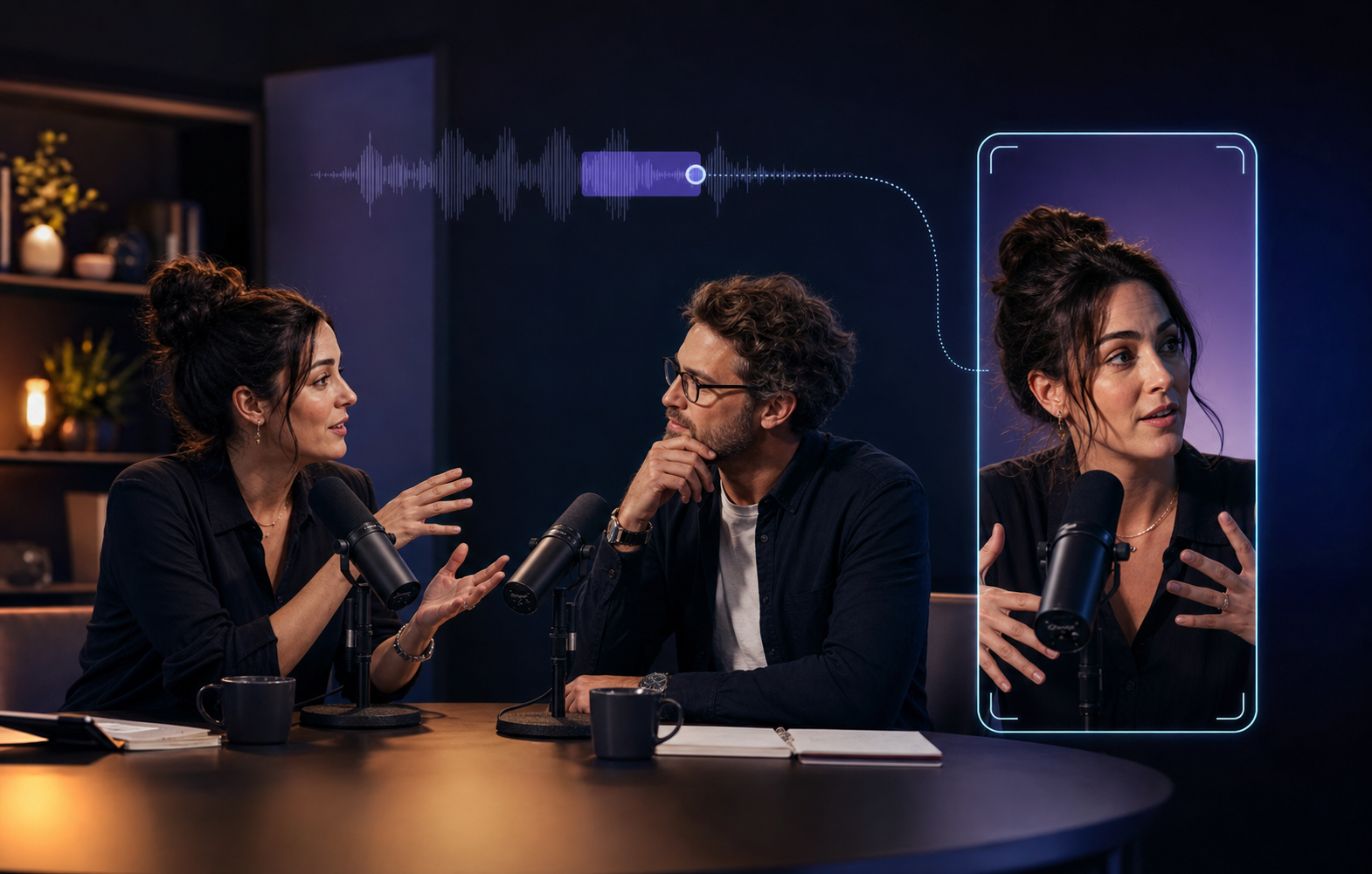 Podcast hosts having a conversation that becomes a vertical social video clip